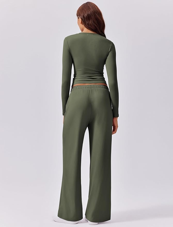 PINSPARK Women 2 Piece Lounge Set Long Sleeve Cropped Top Wide Leg Pants with Pockets 2024 Fall Outfits Matching Tracksuit