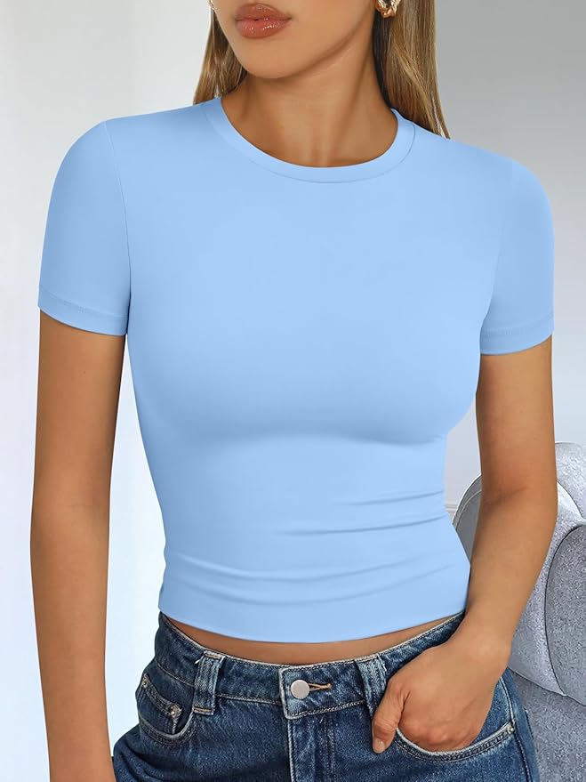 Trendy Queen Womens Short Sleeve T Shirts - Buttery Soft Summer Crop Tops Slim Fit Y2k Basic Tees for Workout
