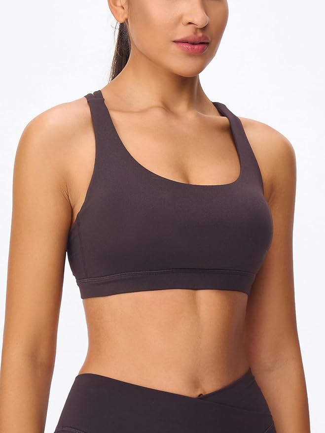 Women's Strappy Sports Bras Light Compression Crop Criss Cross Back Padded Workout Yoga Bra Supportive U Neckline