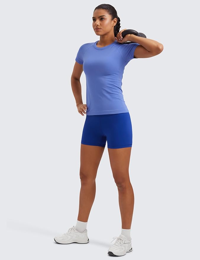 CRZ YOGA Seamless Workout Tops for Women Hip Length - Athletic Running Gym Yoga Short Sleeve Shirts Breathable Crewneck Tees
