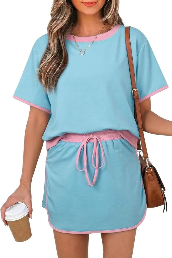 Opemiby Womens 2 Piece Skort Set 2026 Color Block Short Sleeve Top Drawstring Skort Matching Sets Casual Lounge Summer Outfit