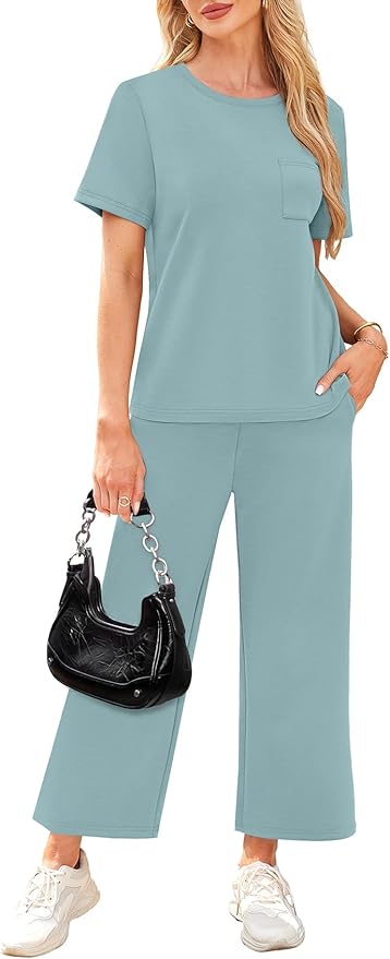 WIHOLL 2 Piece Sets for Women Casual Summer Travel Vacation Outfits Short Sleeve Wide Leg Crop Pants Lounge Sets