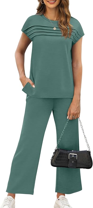 WIHOLL Two Piece Sets for Women Summer Spring Travel Vacation Outfits Cap Sleeve Lounge Matching Sets Wide Leg Pants S-3XL