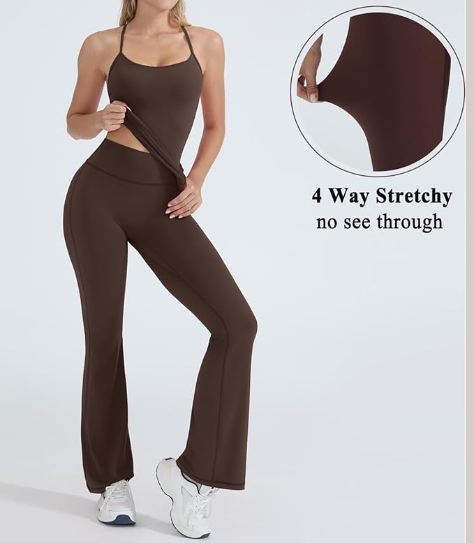 OMKAGI 2 Piece Workout Sets for Women Padded Tank Tops Flare Leggings Pilates Outfits
