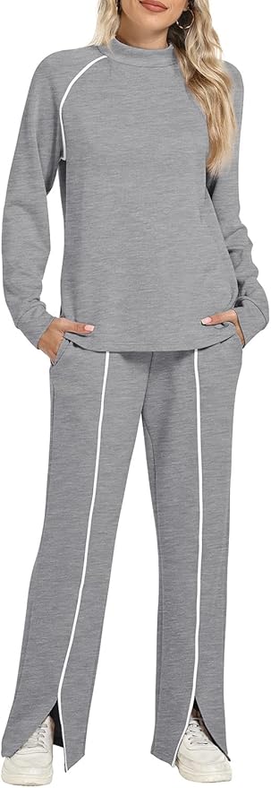 WIHOLL Lounge Sets for Women 2 Piece Fall Outfits 2025 Wide Leg Pant Matching Sets Womens Clothing