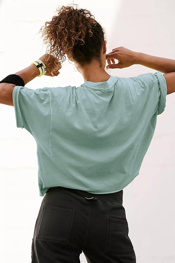 Women's Oversize Workout Crop Tops Casual Short Sleeve Drop Shoulder Boxy T-Shirts Roll Hem Basic Loose Yoga Running Tees