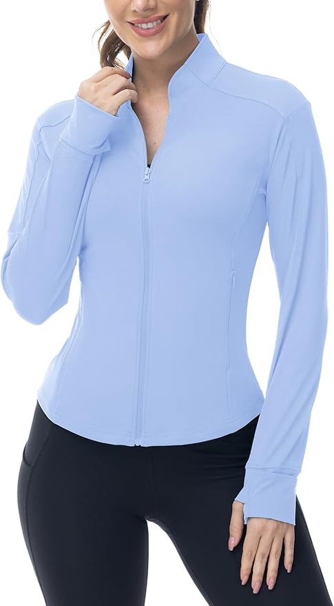 BGOWATU Women's Workout Athletic Jacket Full Zip Running Jackets Gym Yoga Track Tops with Pockets Thumb Hole