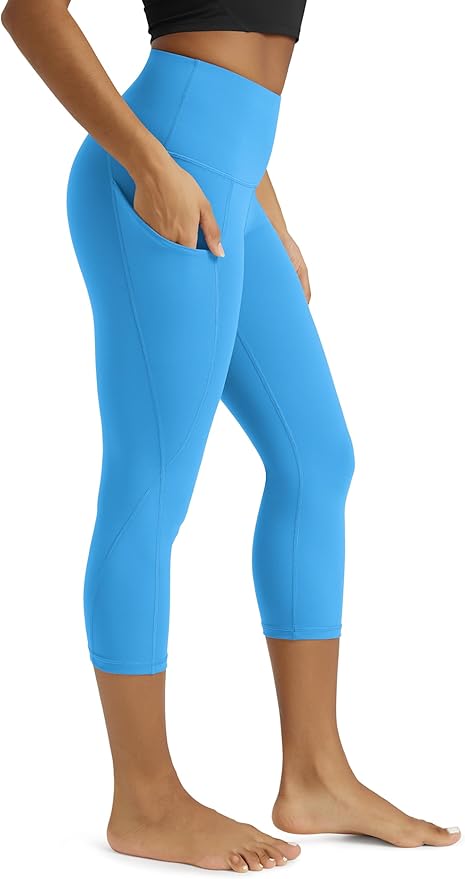 ODODOS Women's High Waisted Yoga Capris with Pockets, Tummy Control Non See Through Workout Athletic Running Capri Leggings