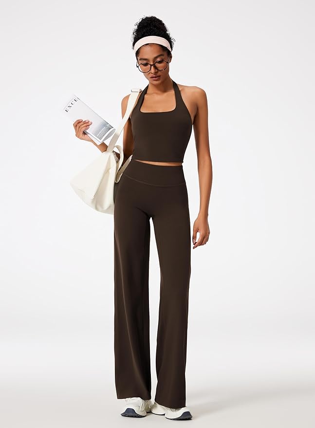 RXRXCOCO Halter Workout Sets for Women 2 Piece Padded Crop Tank Tops Straight Leg Yoga Pants Outfits with Hidden Pocket