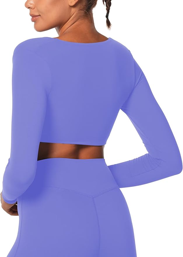 Sunzel Long Sleeve Workout Tops for Women Buttery Soft Deep V Twist Cropped Tops with Compression for Yoga Pilates Gym Outfit