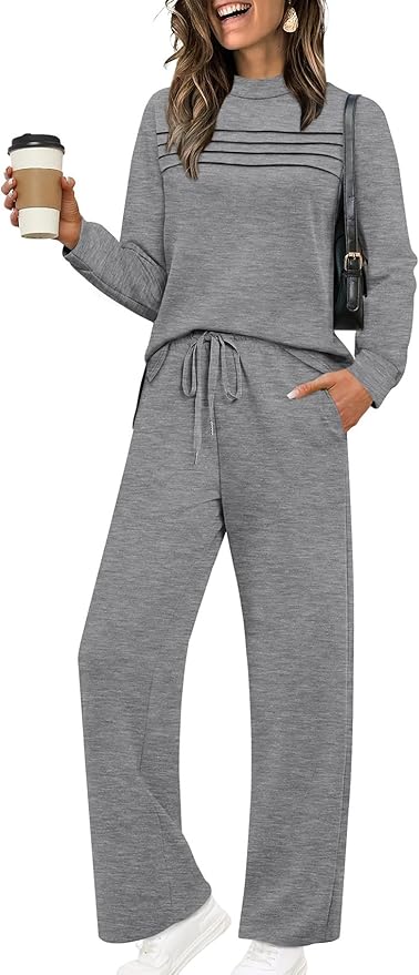 WIHOLL Two Piece Sets for Women Spring Travel Vacation Outfits 2026 Long Sleeve Lounge Sets Side Slit Wide Leg Pants S-3XL