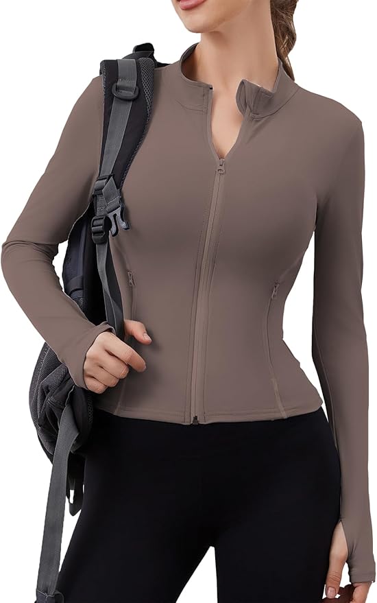 Women Built-In Pockets Athletic Jackets Slim Fit Full Zip up Workout Yoga Gym Jacket with Thumb Holes