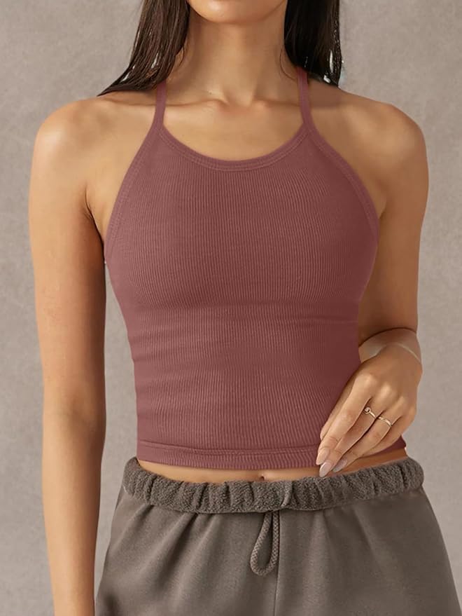 LASLULU Womens Sports Bra Seamless Long Crop Tank Racer Back Spaghetti Strap Workout Yoga Bra Padded Halter Neck Casual Tops