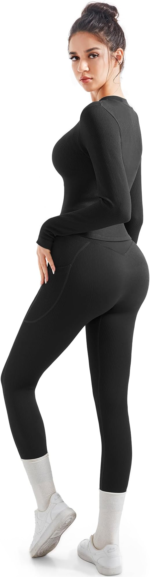 SUUKSESS Women 2 Piece Seamless Ribbed Workout Sets With Zip Up Jacket High Waisted Gym Yoga Leggings
