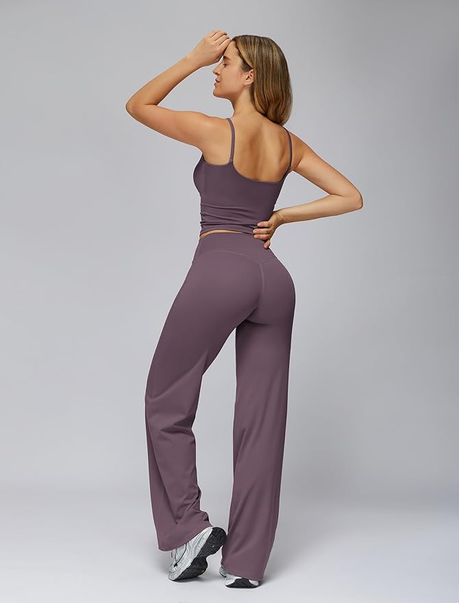 QBGJTD Womens Workout Sets Two Piece Spaghetti Straps Crop Top Matching Straight Leg Pants Gym Work Pilates Outfits