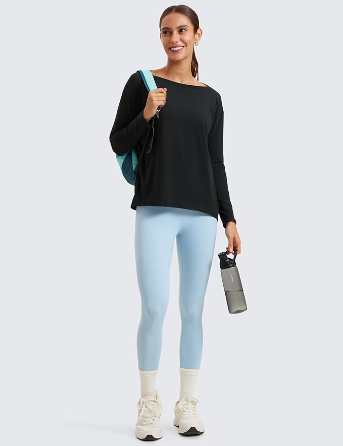 CRZ YOGA Pima Cotton Boat Neck Long Sleeve Shirts for Women - Workout Athletic Yoga Casual Tops Loose Fit Fall T-Shirts