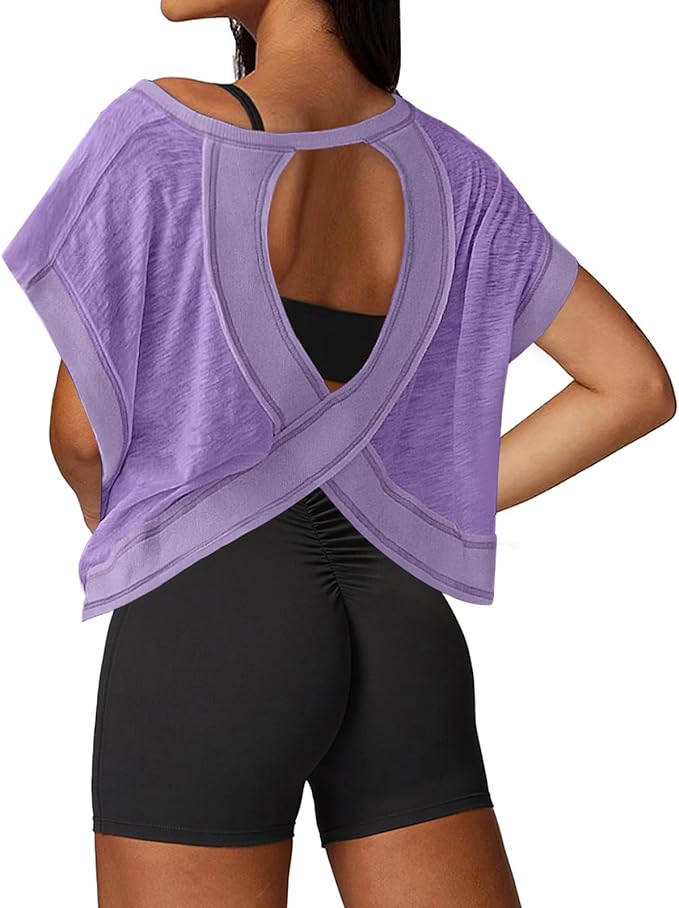 UNIANKIYA Open Back Workout Tops for Women Loose Fit Athletic Crop Tee Short Sleeve Gym Running Yoga Shirt