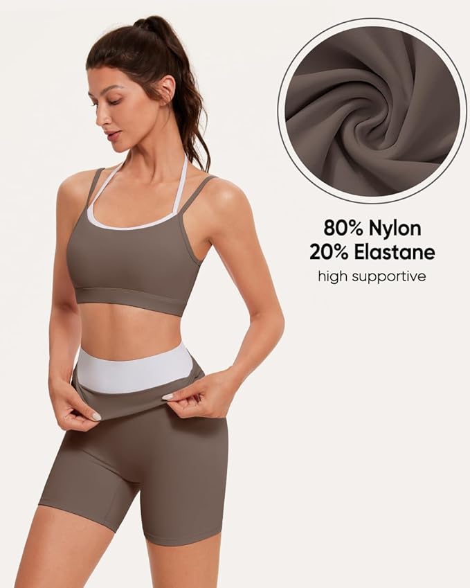 OMKAGI Workout Sets for Women Cute Doubel Layer Open Back Sports Bras Gym Shorts Outfits