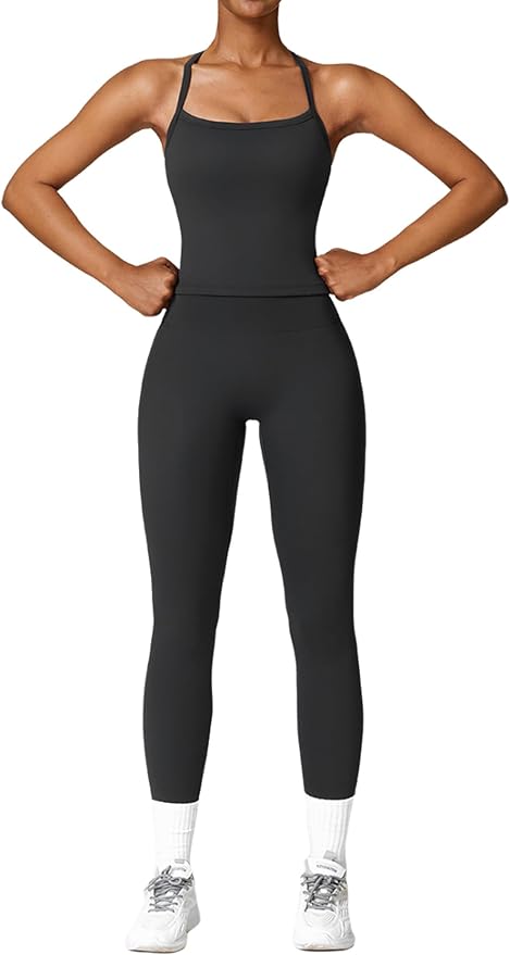 QBGJTD Womens Workout Sets Two Piece Cross Back Tank Top Matching High Waist Leggings Sets Gym Outfits Work Out Clothes
