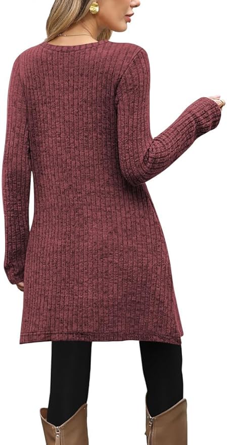 Poetsky Women Long Sleeve Tunic Tops to Wear with Leggings Side Buttons Long Shirts Rib Sweater Dress with Pockets S-3XL