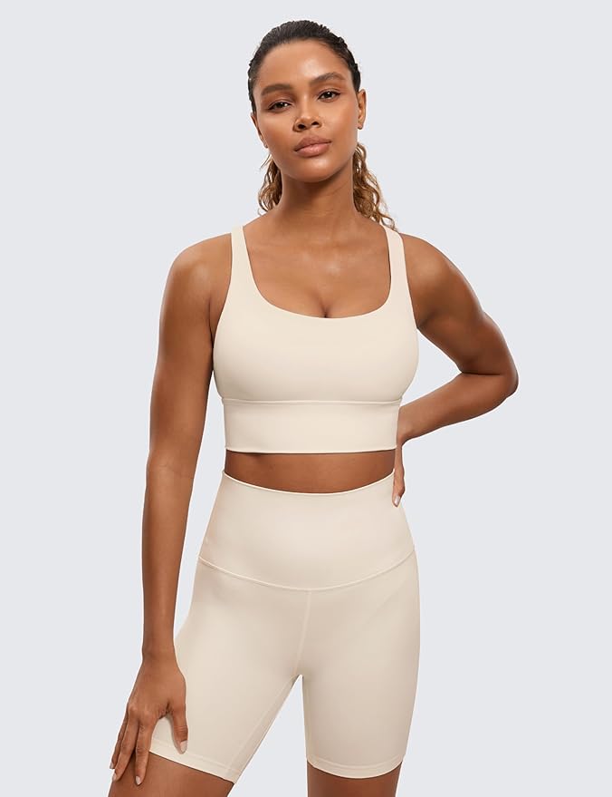 CRZ YOGA Naked Feeling Strappy Longline Sports Bras for Women - Medium Impact Criss Cross Yoga Padded Workout Crop Top