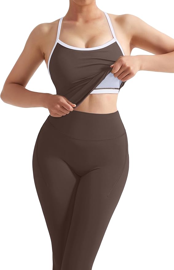 SUUKSESS Women 2 Piece Workout Sets Compression Tummy Control Leggings with Pockets Halter Built in Bra Tank Tops