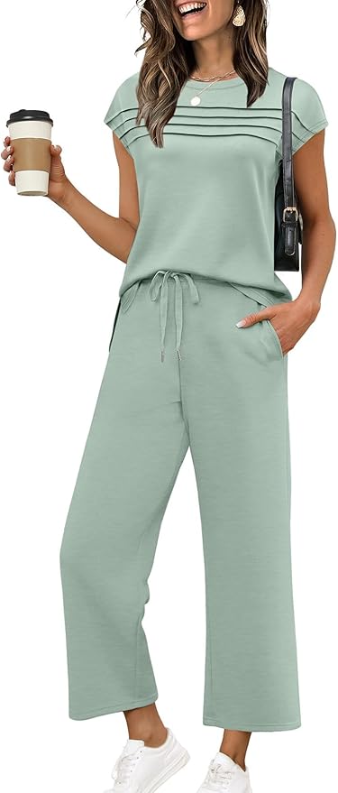 WIHOLL Two Piece Sets for Women Summer Spring Travel Vacation Outfits Cap Sleeve Lounge Matching Sets Wide Leg Pants S-3XL