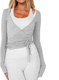 Women Wrap Tie Top Y2k Long SLeeve Ballet Workout Yoga Shirt Coquette Blouses