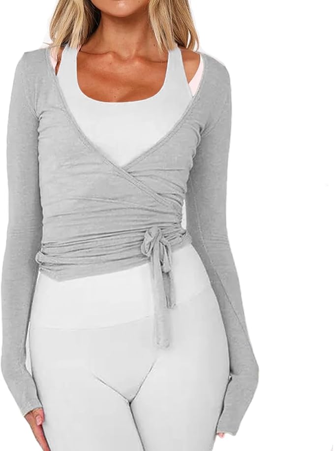Women Wrap Tie Top Y2k Long SLeeve Ballet Workout Yoga Shirt Coquette Blouses