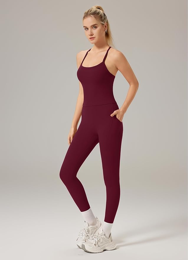 RXRXCOCO Cross Back Workout Sets for Women 2 Piece Padded Tank Tops Hidden Scrunch Leggings Gym Outfits with Pockets