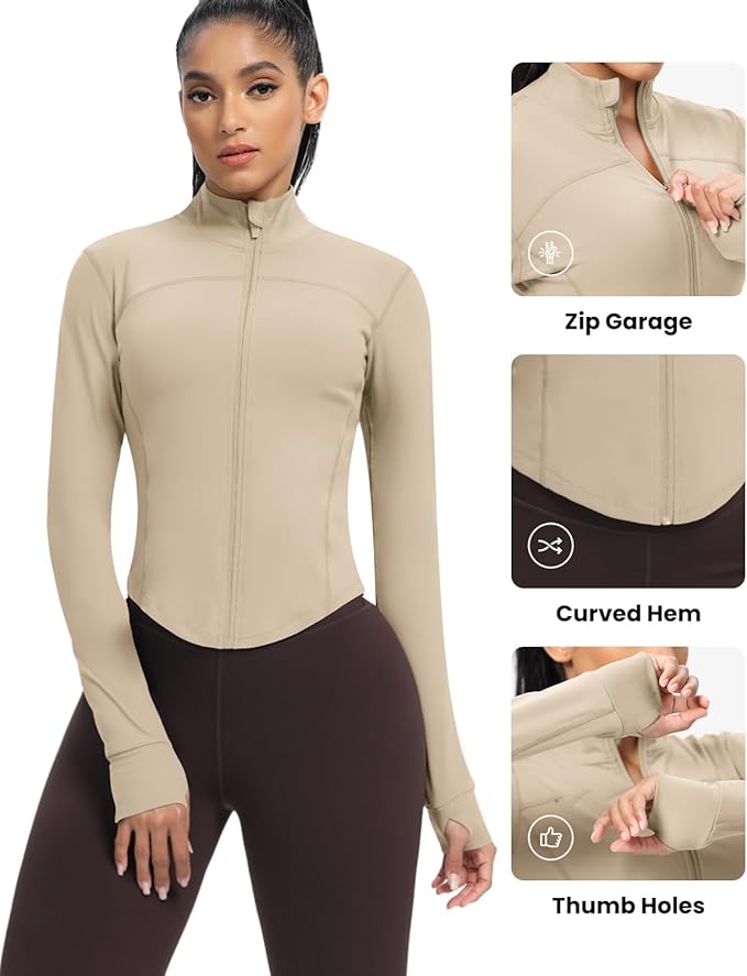 AVGO Women's Cropped Running Workout Jackets Zip Slim Fit Athletic Tops with Thumb Holes