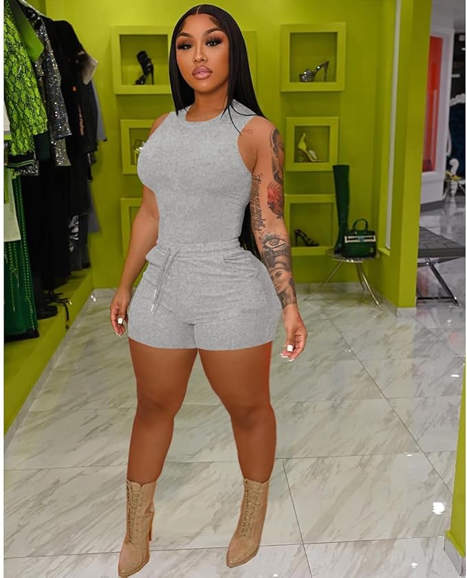 HBQ Women 2 Piece Outfits Sleeveless Tank Tops Biker Short Workout Jogger Sets Summer