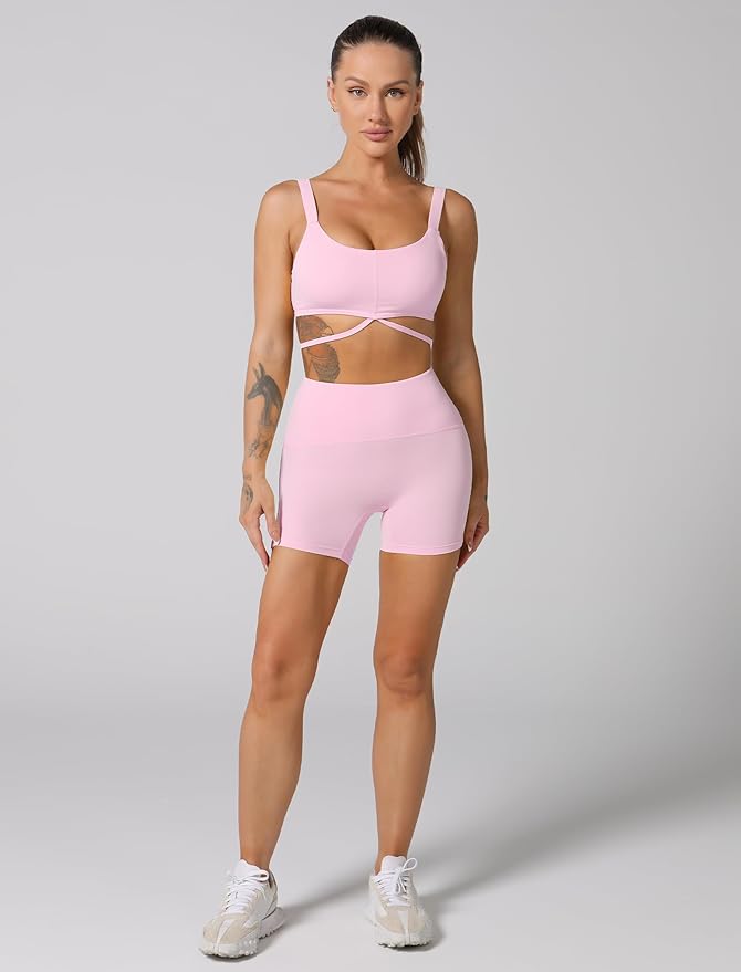 ABOCIW Workout Sets for Women 2 Piece Twist Front Halter Sports Bras High Waist Biker Shorts Exercise Gym Yoga Outfit