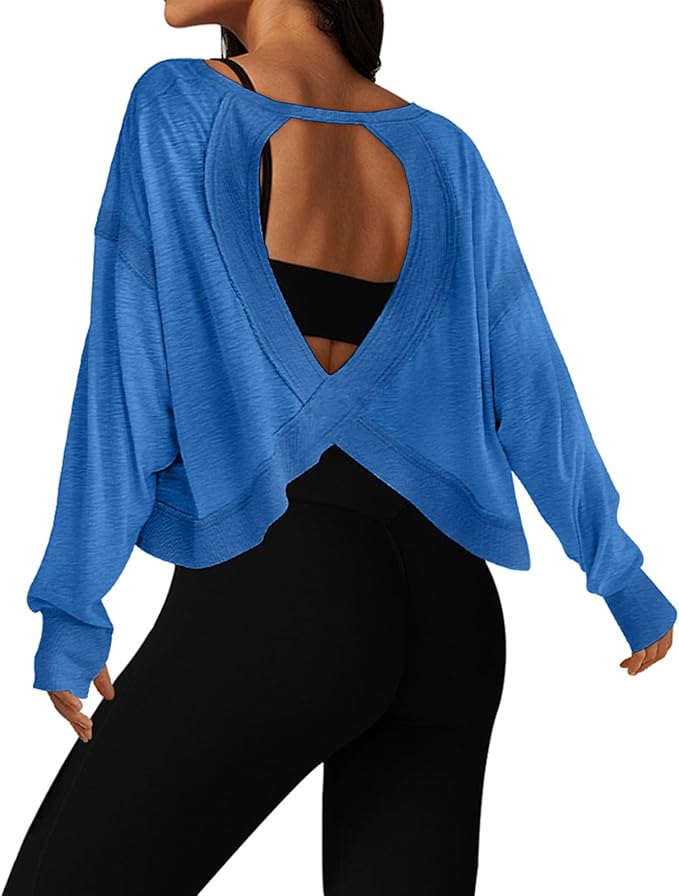 UNIANKIYA Open Back Workout Tops for Women Long Sleeve Cropped Athletic Clothes Gym Running Yoga Low Impact Sports T Shirts