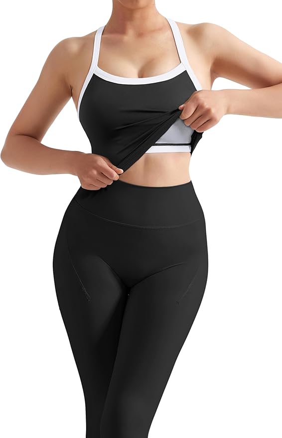 SUUKSESS Women 2 Piece Workout Sets Compression Tummy Control Leggings with Pockets Halter Built in Bra Tank Tops