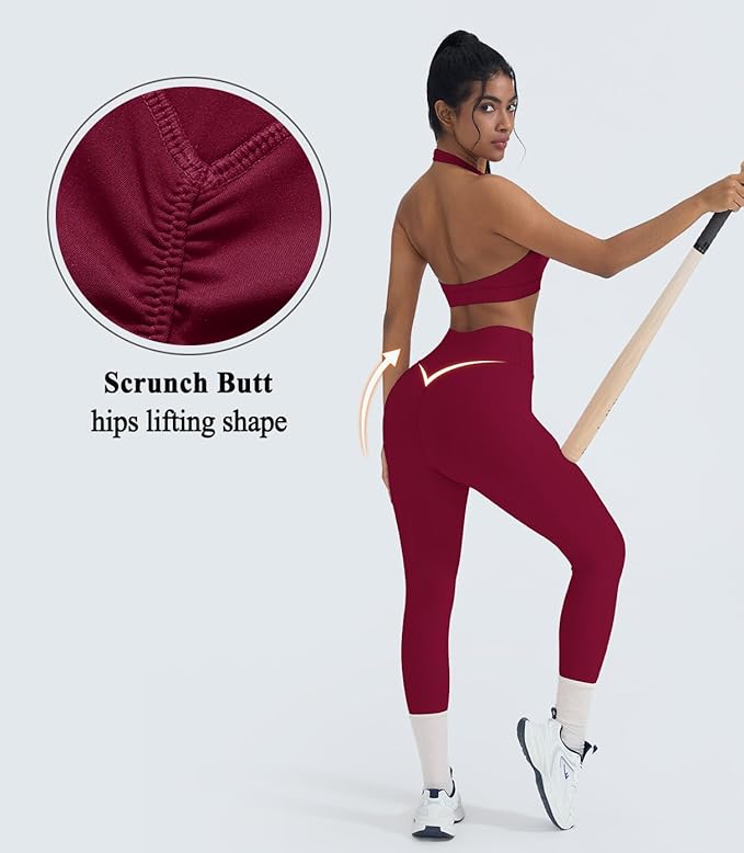 OMKAGI 2 Piece Workout Sets for Women Halter Sports Bras Gym Sets Booty Leggings Outfits