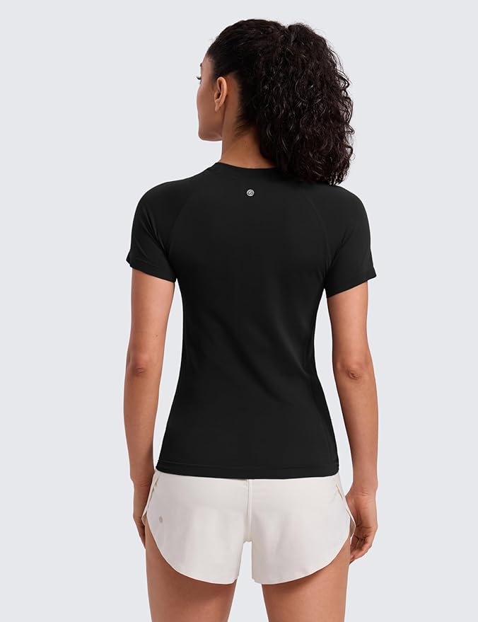 CRZ YOGA Seamless Workout Tops for Women Hip Length - Athletic Running Gym Yoga Short Sleeve Shirts Breathable Crewneck Tees
