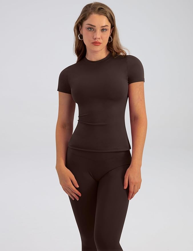 Relety Womens Two Piece Workout Sets Slim Fit Short Sleeve Shirt High Waist Leggings Yoga Outfits Matching Gym Set