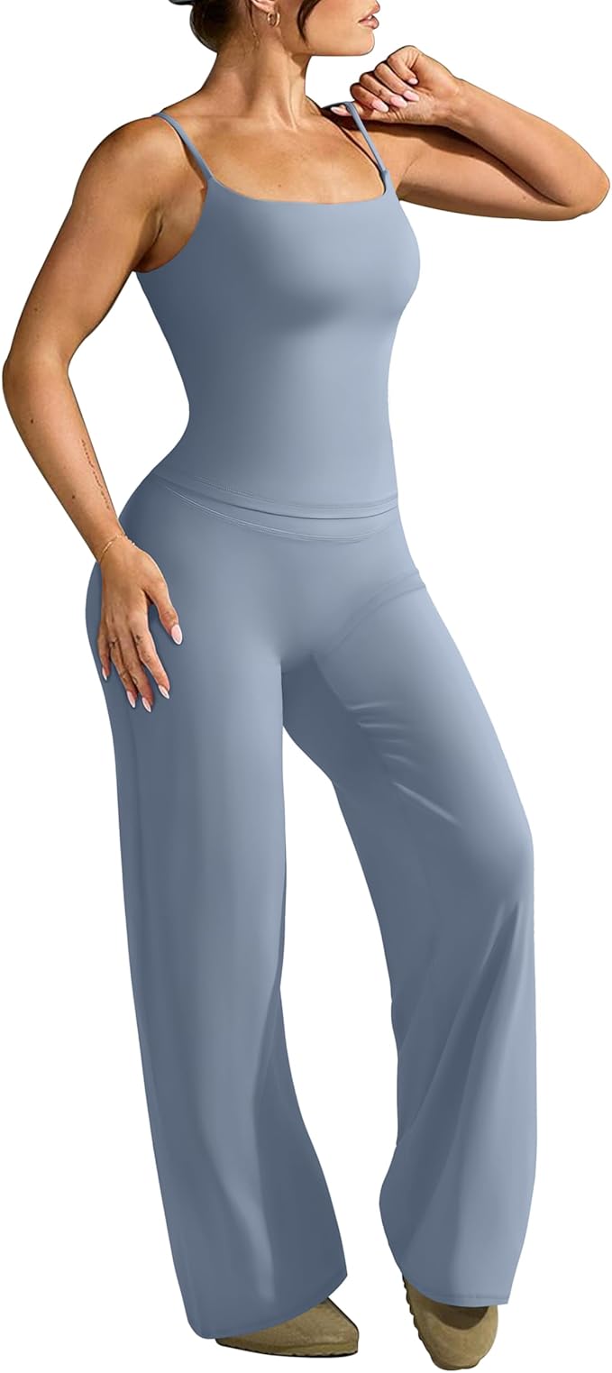 OMKAGI Workout Sets for Women Padded Tank Tops Matching Straight Leg Yoga Outfits