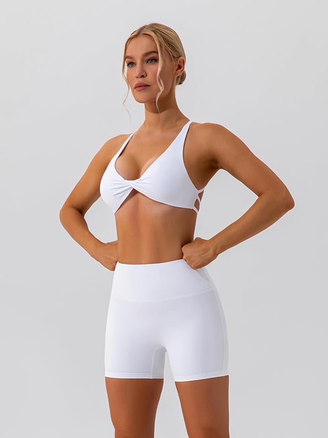 ABOCIW Workout Sets for Women 2 Piece Twist Front Halter Sports Bras High Waist Biker Shorts Exercise Gym Yoga Outfit