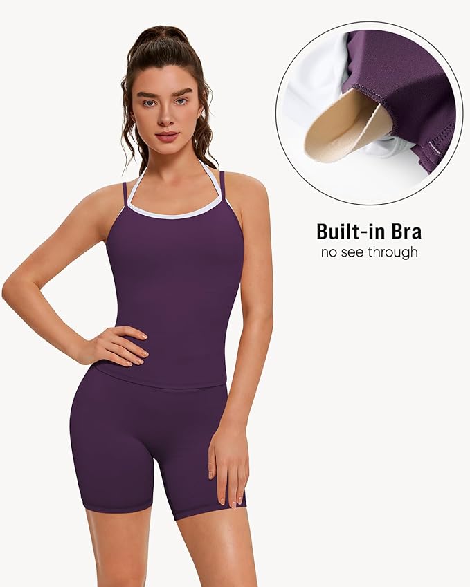 OMKAGI Halter Workout Tank Tops for Women Built in Bra Cute Layer Longline Sports Bras