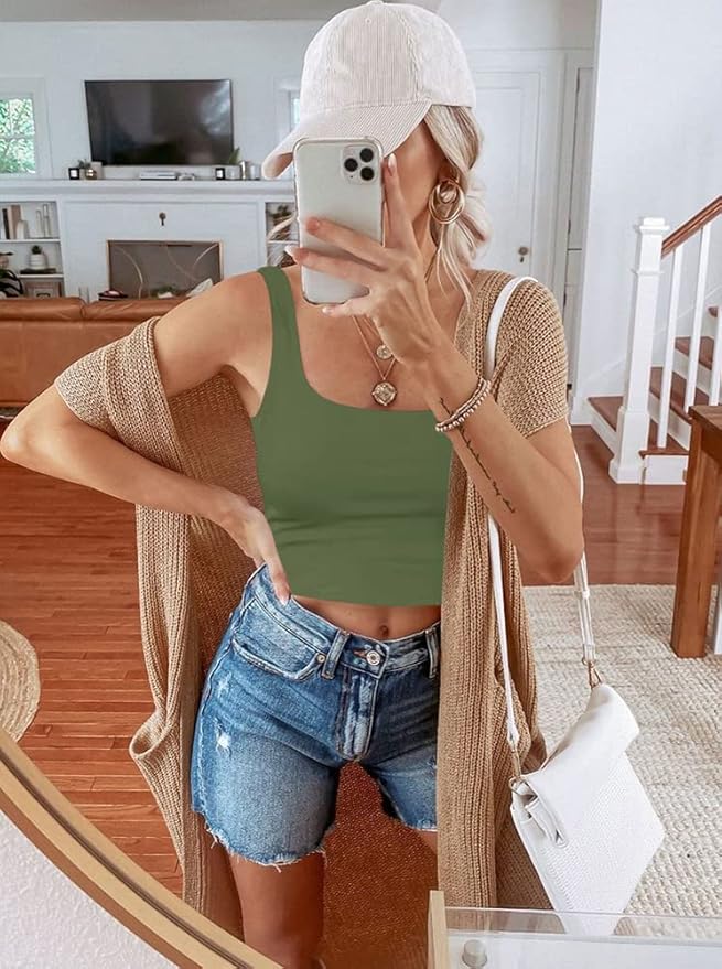 REORIA Women’s Sexy Square Neck Double Lined Seamless Sleeveless Cropped Tank Yoga Crop Basic Tops