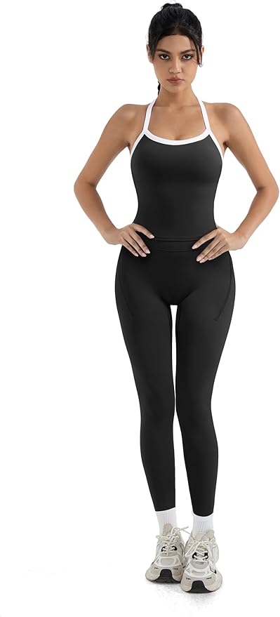 SUUKSESS Women 2 Piece Workout Sets Compression Tummy Control Leggings with Pockets Halter Built in Bra Tank Tops