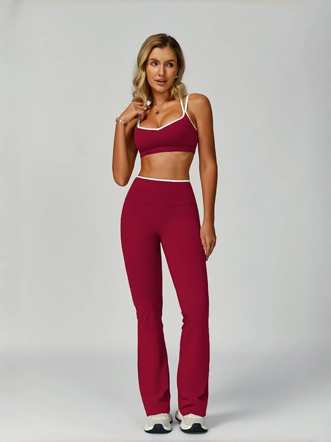 ABOCIW Workout Sets for Women 2 Piece Color Block Strappy Sports Bra High Waist Flare Leggings Gym Yoga Pilates Outfits