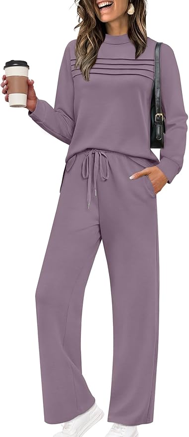 WIHOLL Two Piece Sets for Women Spring Travel Vacation Outfits 2026 Long Sleeve Lounge Sets Side Slit Wide Leg Pants S-3XL