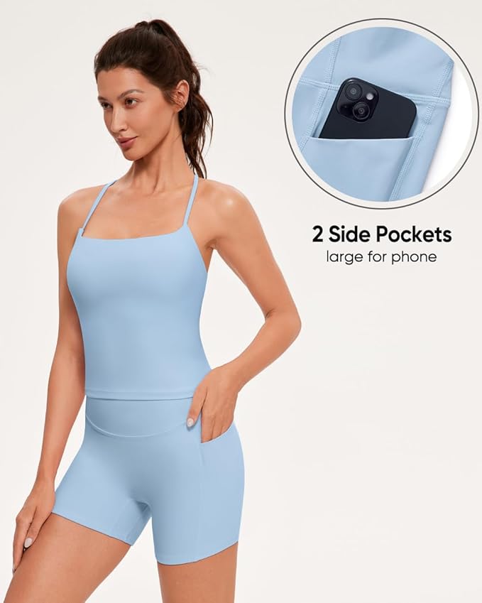 OMKAGI Workout Sets for Women Cute Spaghetti Strap Tank Tops Booty Shorts Outfits with Pockets