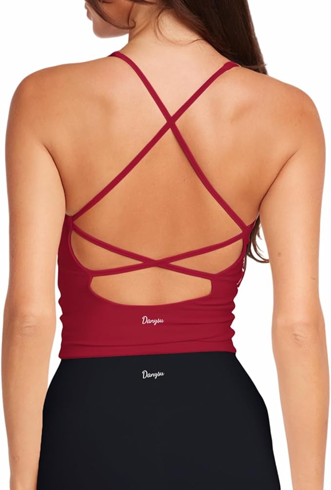 Danysu Sculpt Workout Tank Tops Women Backless Longline Sports Bras Strappy Padded Yoga Top