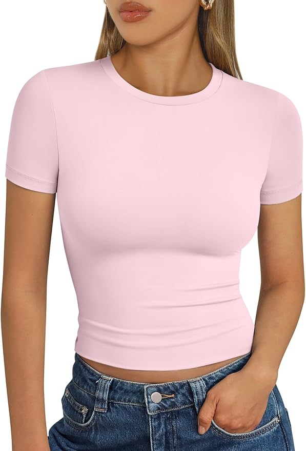 Trendy Queen Womens Short Sleeve T Shirts - Buttery Soft Summer Crop Tops Slim Fit Y2k Basic Tees for Workout