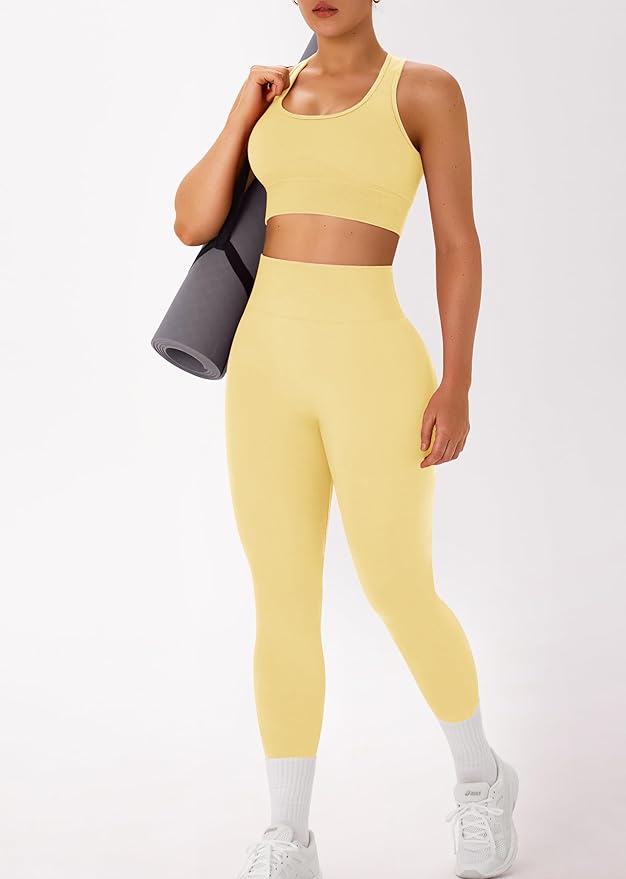 OLCHEE Womens Workout Sets 2 Piece - Acid Wash Seamless Yoga Outfits High Waist Leggings Padded Racerback Sports Bra Gym Set