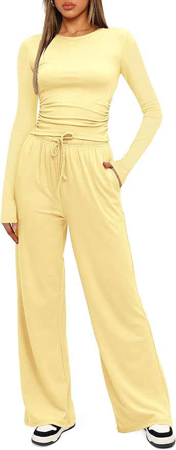 Darong Women's 2 Piece Outfits Lounge Sets 2026 Long Sleeve Tops Wide Leg Pants Casual Matching Set
